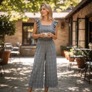 London Rose Plaid Ruffle Wide Leg Jumpsuit Black White XSP C7818